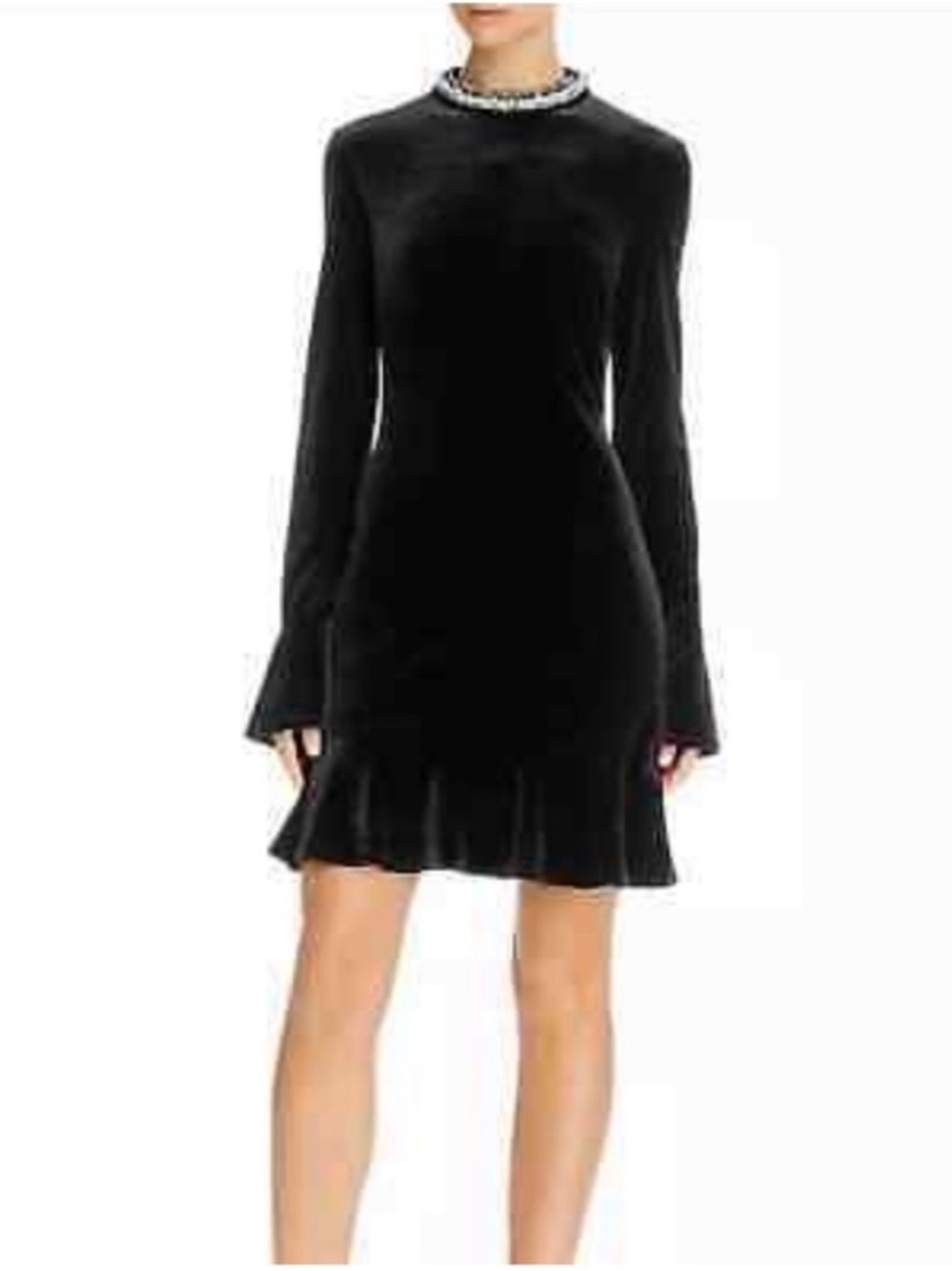 Betsey Johnson Black Velvet Pearl Collar Dress Ruffle Hem Long Sleeve Sz 6 Goth